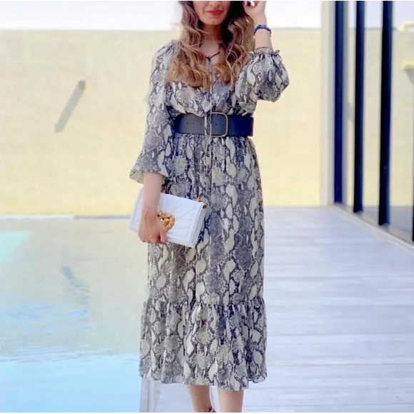 “DONATED” Zara, “SOLD OUT,” Snake Print MIDI Dress w/ Contrasting Belt, Sz L - Picture 8 of 9